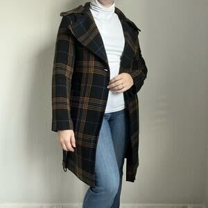 Blue Black and Yellow Plaid Belted Heavy Trench Coat Size Small